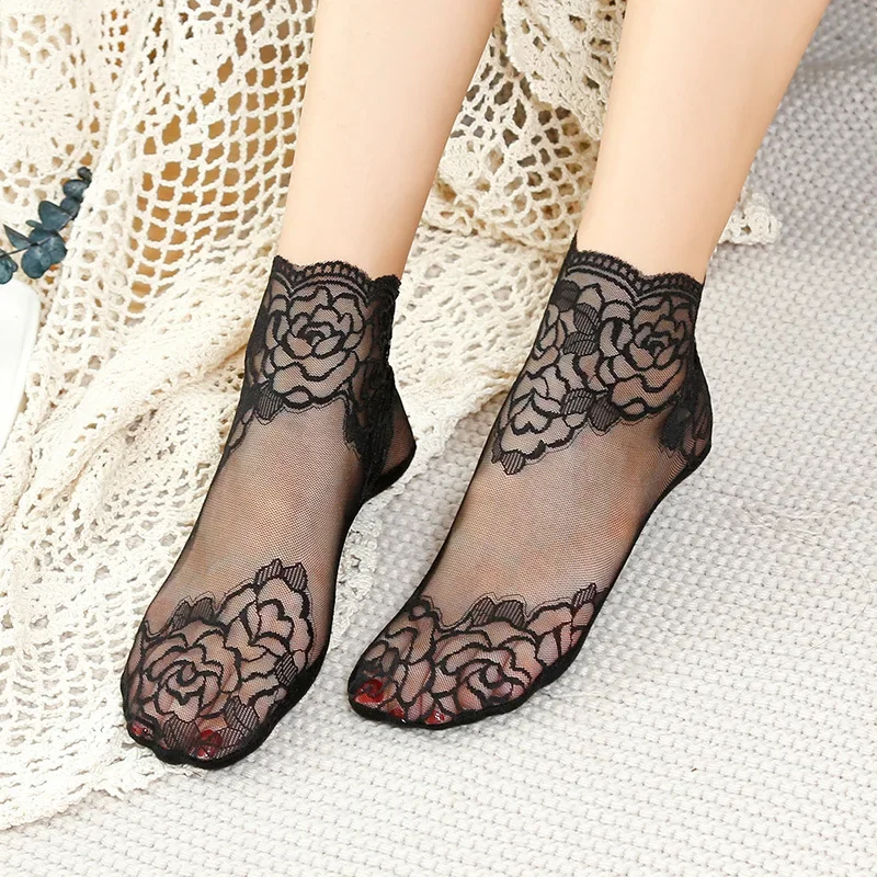 3pcs Solid Medium Tube Lace Socks Mesh Do Not Drop Heel Non-slip Boat Socks Invisible Casual Socks Women