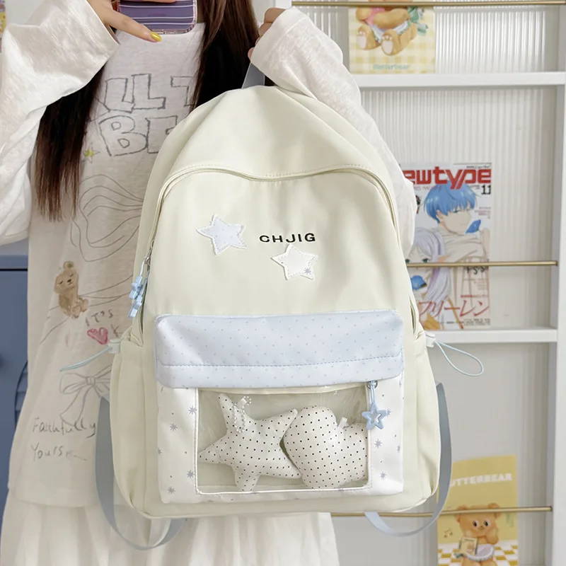 Kawaii Star Patch Ita Backpack Pastel Polka Dot Transparent Pocket Student School Bag Large Capacity Oxford Daypack Teen Girls
