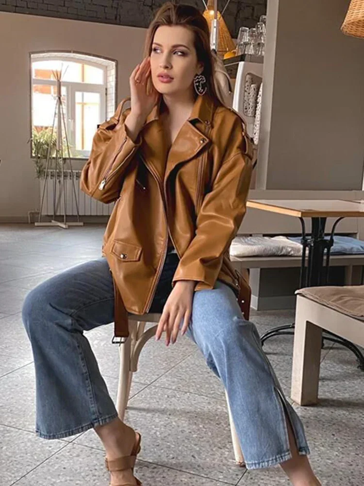 

Spring Autumn Faux Leather Jackets Women Loose Casual Coat Female Drop-shoulder Motorcycles Locomotive Outwear With Belt