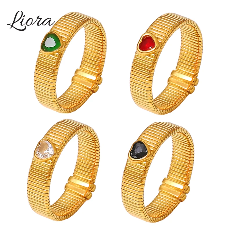 

Liora Trendy Stainless Steel Rings For Women Heart Glass Stone Women Rings Charm Stripe Rings Waterproof Fashion Jewelry