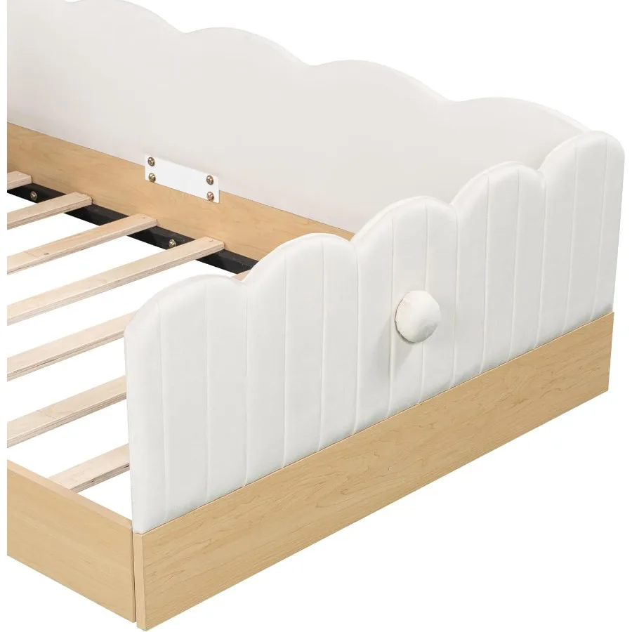 Lovely twin size upholstered platform bed frame with soft pillows and storage bags featuring a cute rabbit ear shaped headboard