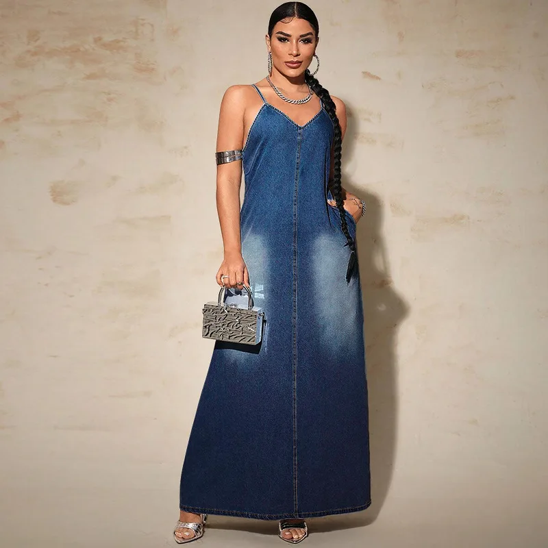 Dresses Women's Gradient Denim Maxi Dress Halter Neck Sleeveless Casual Long Dress