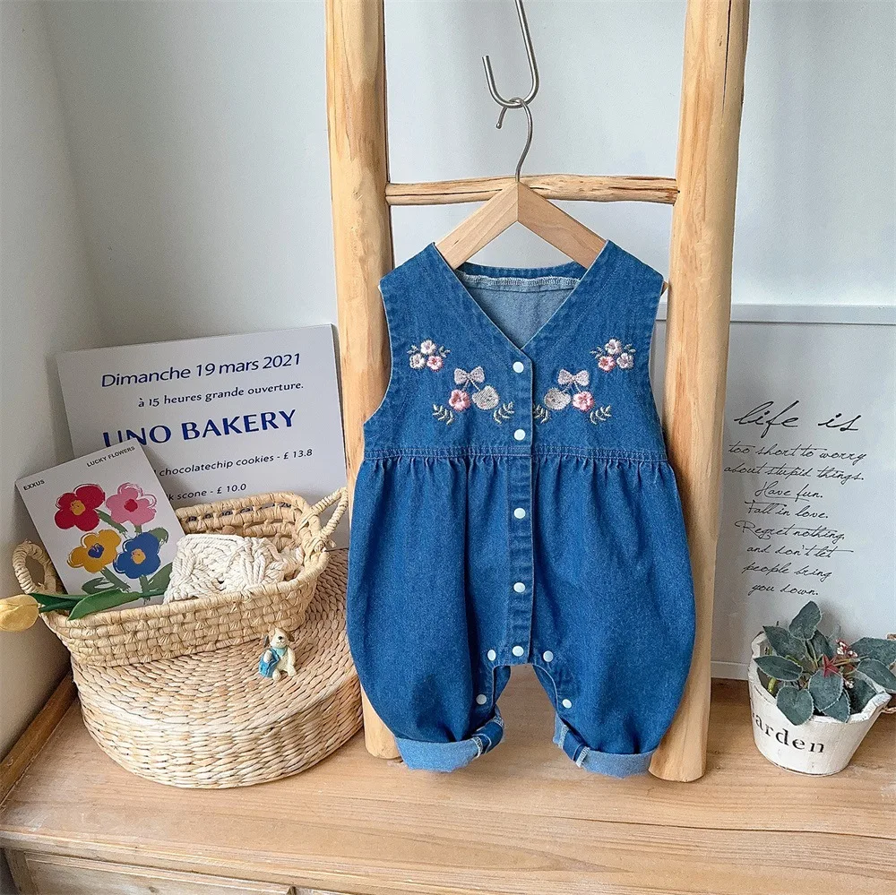 2024 spring new in kids baby girls cute clothing set 2pcs infant solid color ruched top shirts+embroidery flower overalls romper