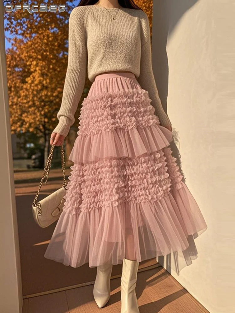 

New Arrival Pink Autumn Winter Tiered Lace Tulle Skirt Long High Waisted French Retro Loose Sweet Mesh Skirts Lady
