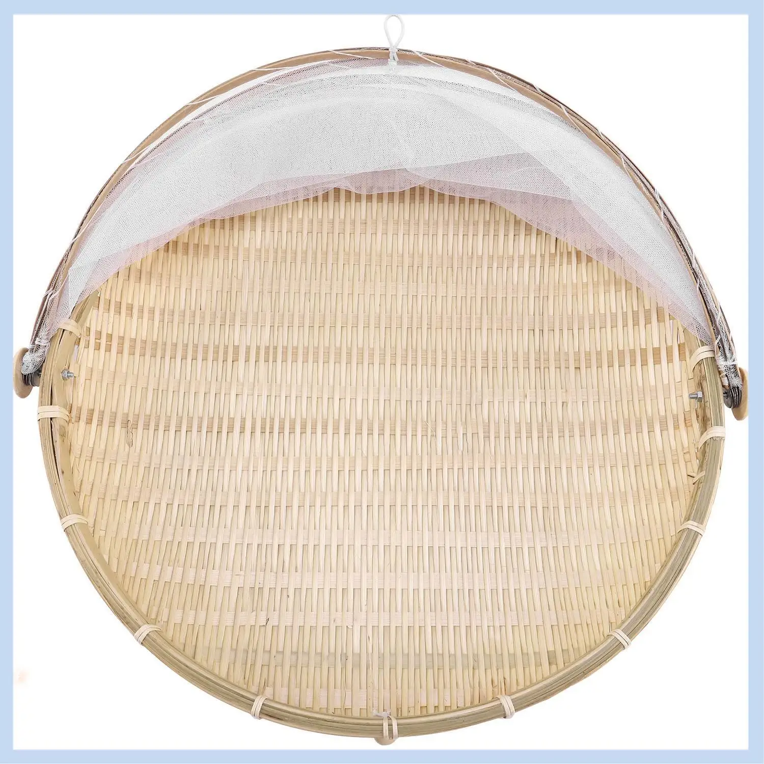 

AS63-Handmade Bamboo Woven Bug Proof Wicker Basket Dustproof Picnic Fruit Tray Food Bread Dishes Cover With Gauze