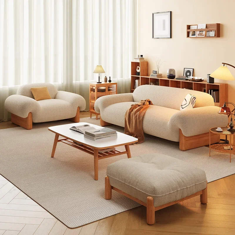 Japanese cherry wood sofa living room simple modern fabric straight row small apartment lamb flannel cream log wind