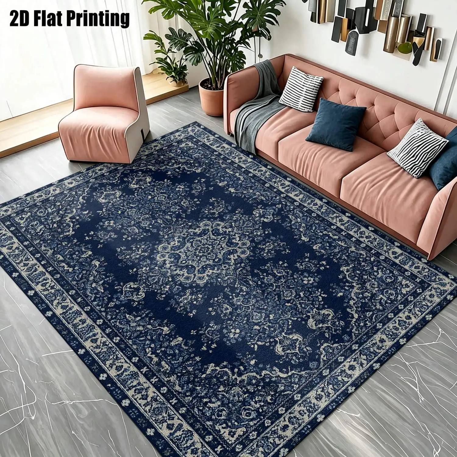 1Pc 2D Printed Carpet: Deep Blue Retro Floral Pattern, European/Bohemian/Vintage/Geometric Style, Ideal Home Decor, Multi-Size, Machine Washable, Can Be Used as Entrance/Dining Room/Foyer/Bedroom/Living Room Mat