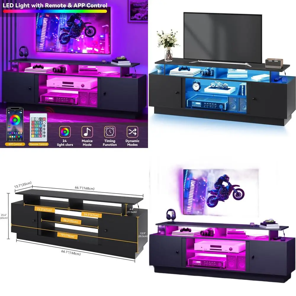 

Black 75 TV Stand with LED Lights, Storage Cabinets & Movable Partition for Living Room Entertainment