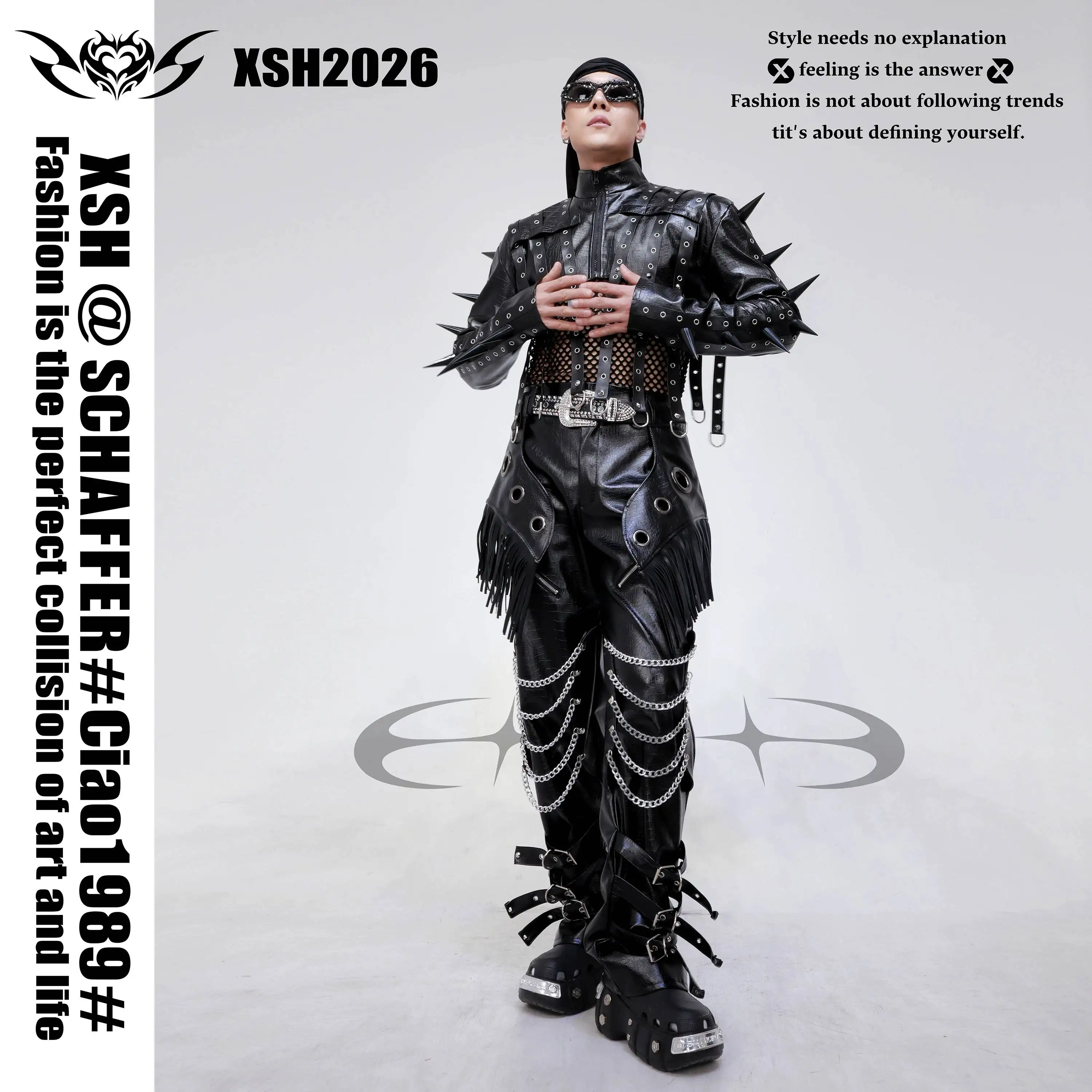 Black Rivet Leather Jacket With Mesh And Tassel Chain Pants, Bar Men's Gogo Dark Theme Patrol Custom Set view 4