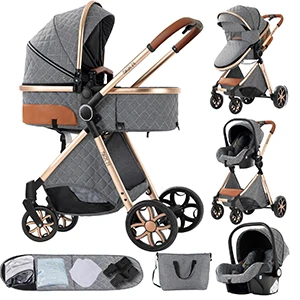 Luxe kinderwagen 3-in-1 met autostoel, vijfpuntsgordel voor pasgeborenen, vierwielige kinderwagen, schokdempende, opvouwbare babyreiswieg voor vliegtuigreizen en lange reizen, kinderwagen met