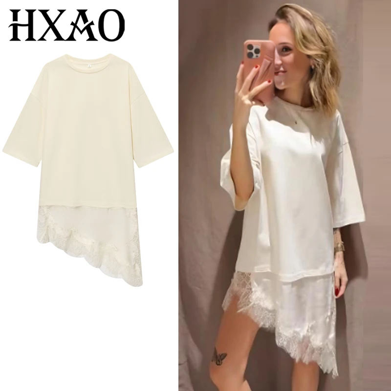 

HXAO Lace Oversized T-Shirt Summer Autumn Female Y2K Off White Short Sleeve Top Women Plus Size Long T-Shirt Chic Streetwear Top