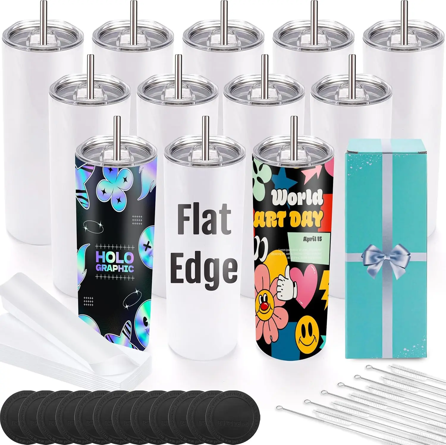 

12 Pack 20 oz Sublimation Tumblers, Skinny Straight Design with Lids and Straws for Custom Printing