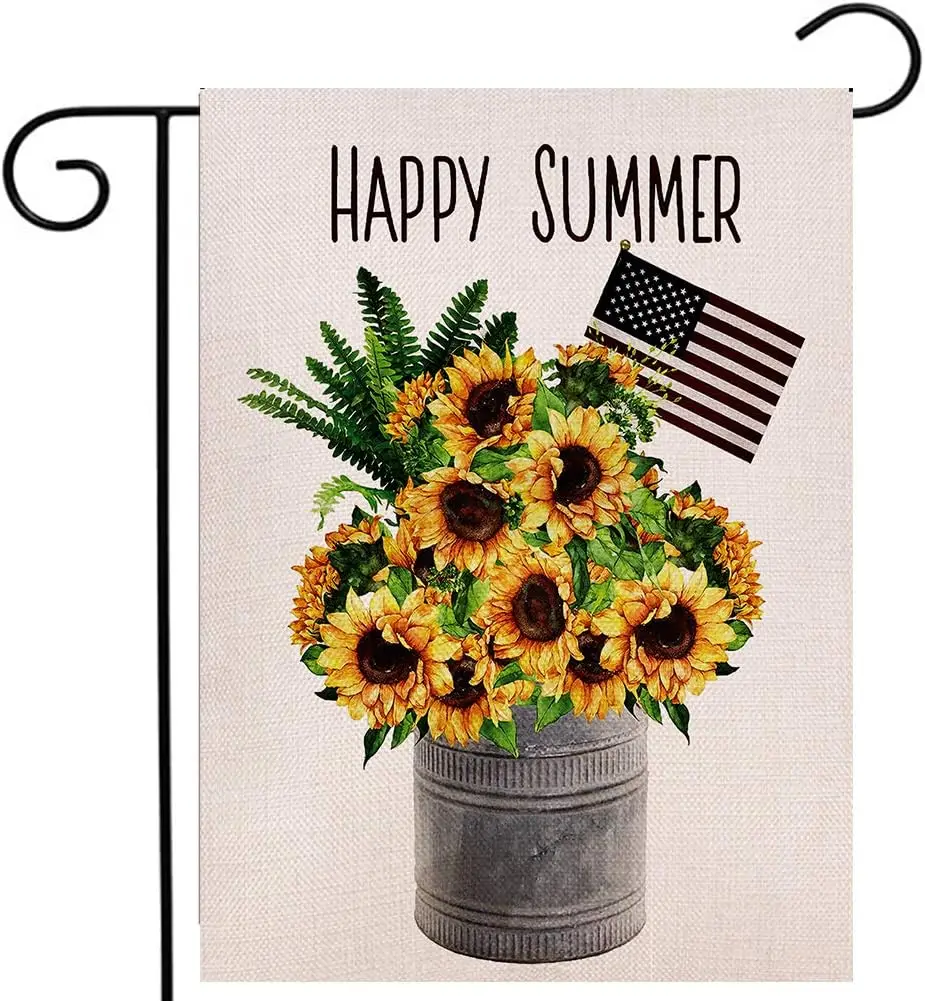 Sunflower Happy Summer Garden Flag 12.5x18 Inches Vertical Double Sided Farmhouse Burlap Yard Outdoor Décor