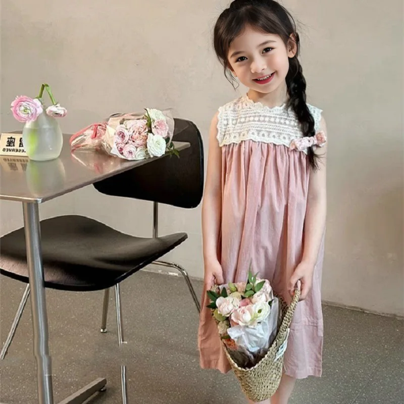 Girls Dress 2026 Spring Summer New Korean Version Lace Patchwork Princess Dress Fashionable Daily Temperament