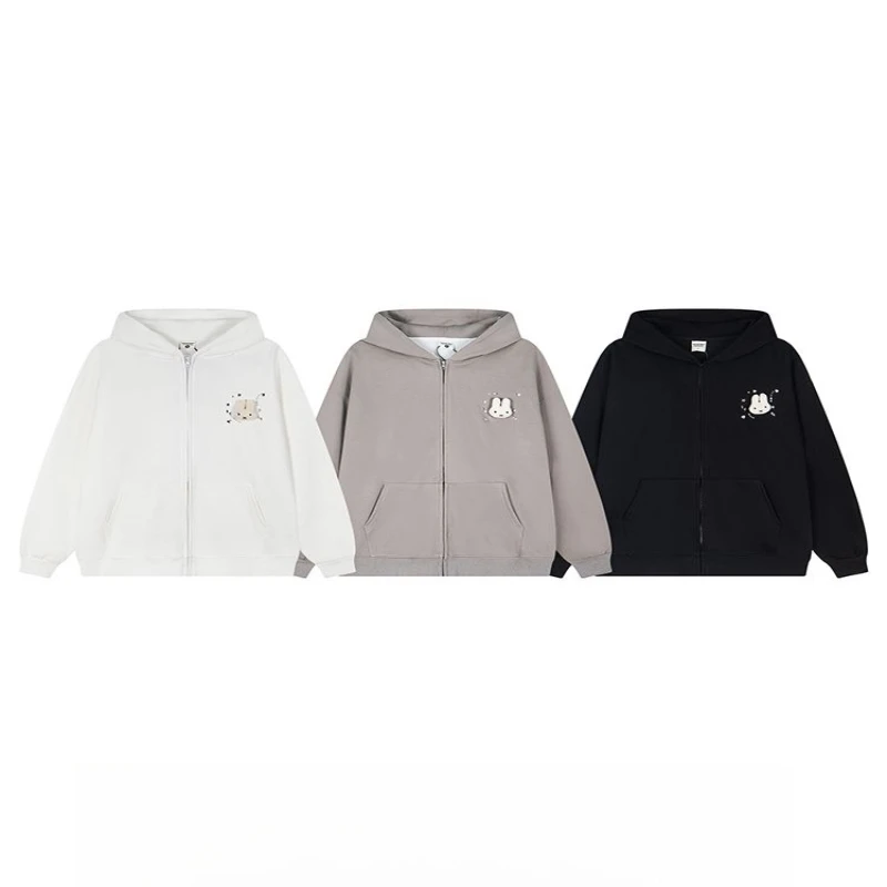 Miffy Kawaii Anime Cartoon Sweatshirt Cute Three-dimensional Ears Hooded Coat Cardigan Female Loose Autumn Couple Sweatshirt