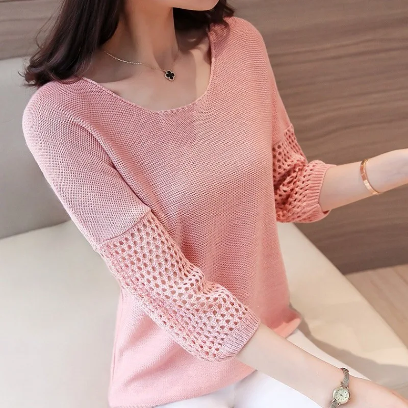 Casual Spring Autumn Sweater Women New 3/4 Length Sleeve Pullovers Shirt Round Neck Hollow Out Knitwears Tops Pull Femme