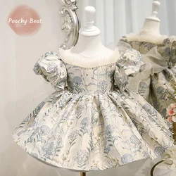 Baby Girl Princess Silk Dress Pearl Beading Lace Short Puff Sleeve Child Vintage Big Bow Vestido Party Pageant Birthday 1-14Y