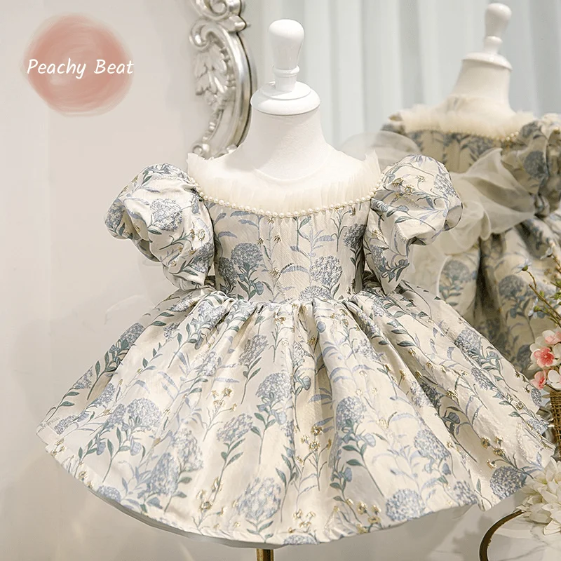 Baby Girl Princess Silk Dress Pearl Beading Lace Short Puff Sleeve Child Vintage Big Bow Vestido Party Pageant Birthday 1-14Y