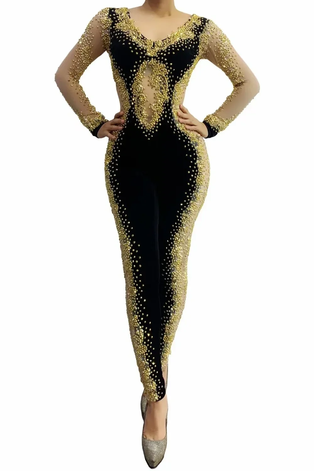 Gold Rhinestones Jumpsuit Sexy Lady Evening Prom Party Diamond Birthday Celebrate Outfit Singer Stage Wear Dance Costume