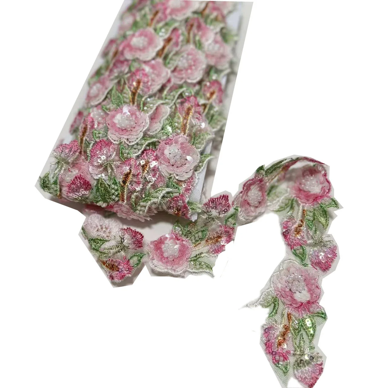 95 cm lange, farbenfrohe, perlenbesetzte, mit Blumen bestickte Spitzenborte für Kleidung, DIY-Blumenverzierungen und Bänder.