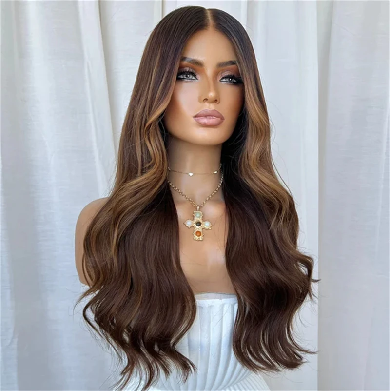 Glueless Wig Ombre Dark Brown Lace Front Wig High Quality Synthetic Wig Real Wig 28 Inch Long Body Wave Wig Party Daily Wear