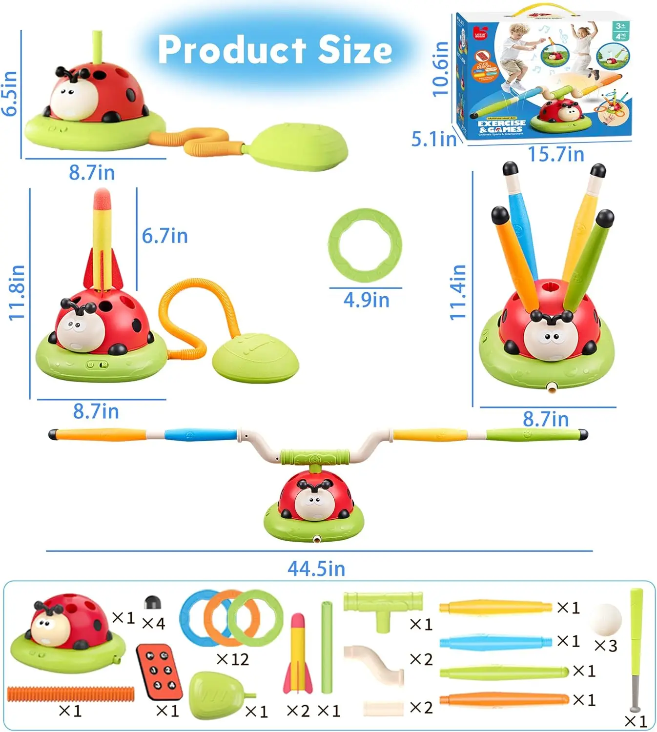2/3/4/5-in-1 Ladybug Rocket Launcher Musical Jump Ring Toss Game Kids Outdoor Play Toy Christmas Gift for 3-8 Children