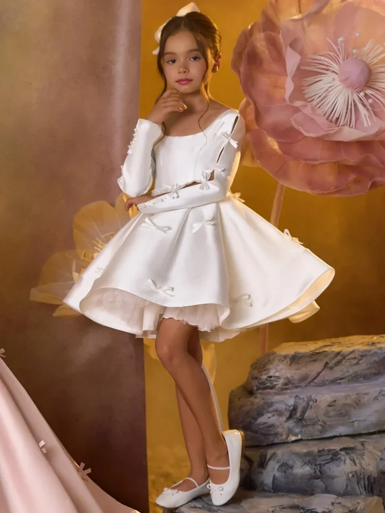 Customized White Flower Girl Dress Satin Bow Long Sleeve Princess Dress For Wedding Birthday Party Prom Banquet Gown
