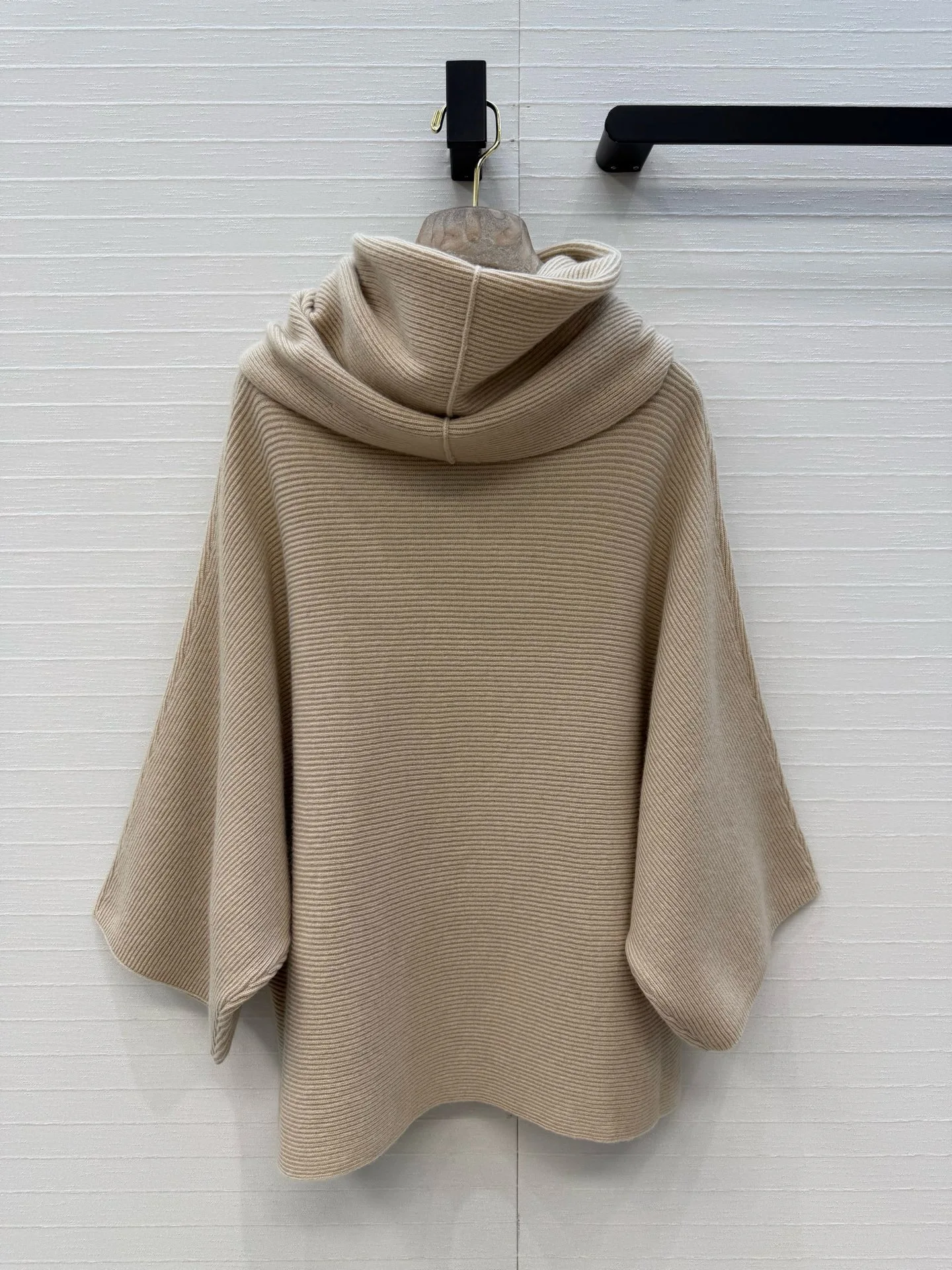 Oversized Ribbed Knit Cowl Hood Poncho Women Relax Fit Batwing Sleeve Knit Tunic