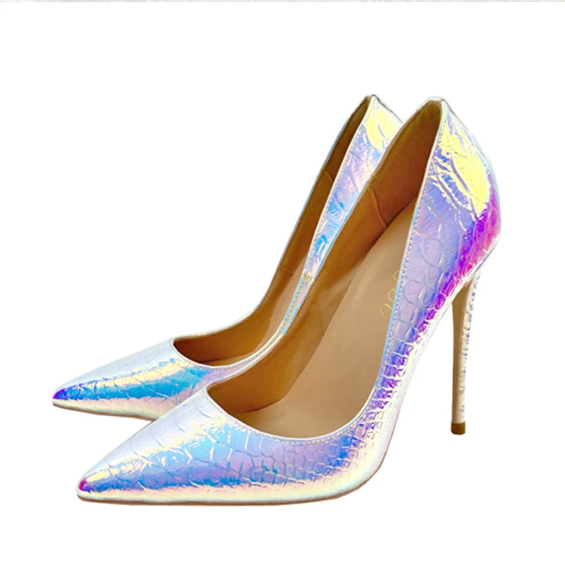 Shiny Laser Snake Pattern Pumps 12CM Women Stiletto Pointy Toe Party Shoes Holographic Illusion Color Sexy Wedding High Heels