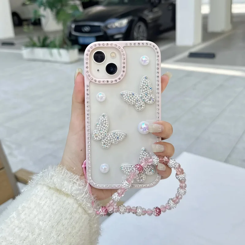 

3D Pearl Butterfly Luxury Phone Case with Bracelet Suitable foriPhone 16Pro Max High-end Girl's Rhinestone Trim