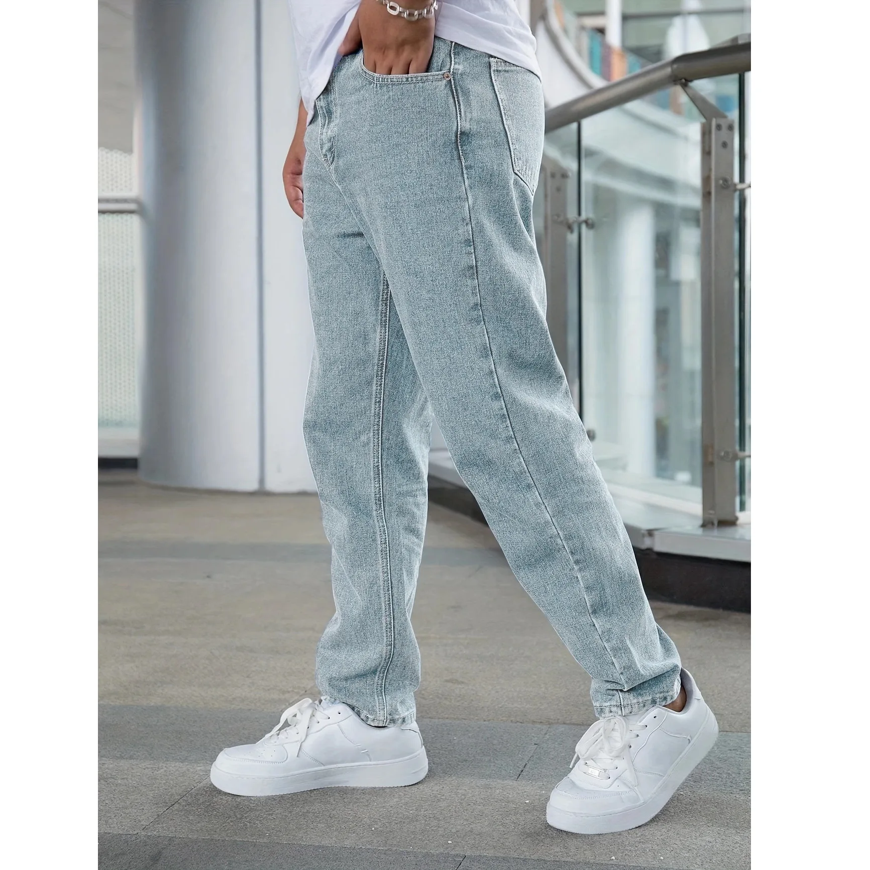 2026 Spring and Autumn New Casual Elastic Jeans Men's Light Blue Straight Denim Pants