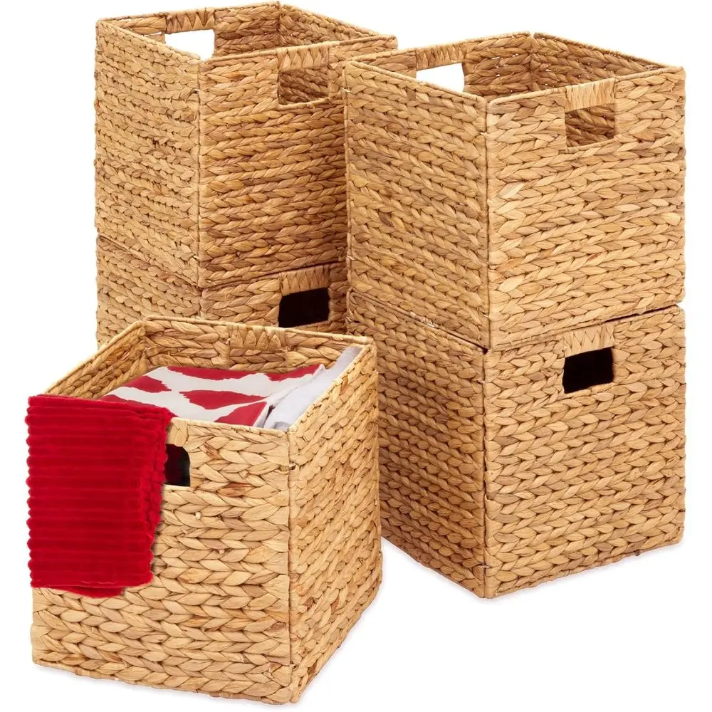 

Set of 5 Natural Woven Cube Storage Baskets, Collapsible Organizers for Laundry, Living Spaces, Kids' Rooms, and Nurseries