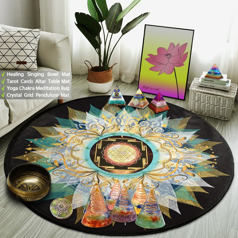 

Sri Yantra Round Rug Reiki Mandala Yoga Buddhist Meditation Mat Thick Fitness Sports Gym Carpet Spiritual Singing Bowl Pad 100CM