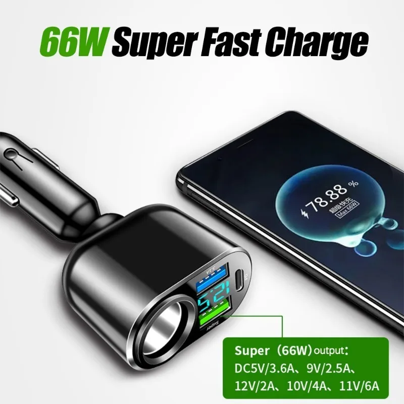 Dual USB 30W PD Car phone Charger 66W 4 Ports Fast Charging For iPhone14 Samsung Xiaomi Car Cigarette Lighter Fast Charger