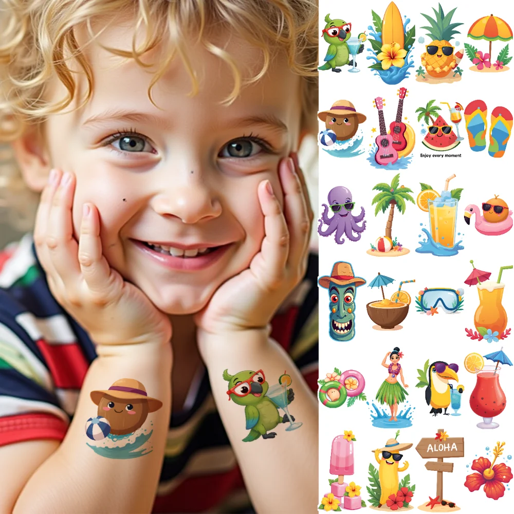 63pcs Temporary Tattoo Surfing Temporary Tattoo Stickers Vacation Summer Cartoon Tropical For Children Cheeks Shoulders