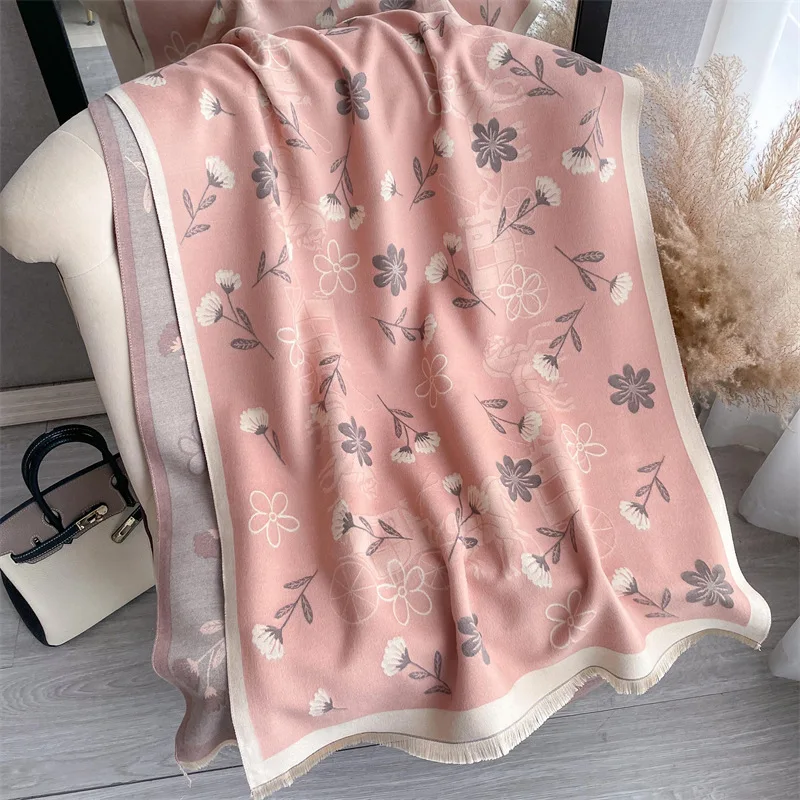 

2023 Winter Cashmere Warm Scarf Women Blanket Floral Print Shawl Wraps Thick Wram Pashmina Travel Bufanda Stoles Accessores