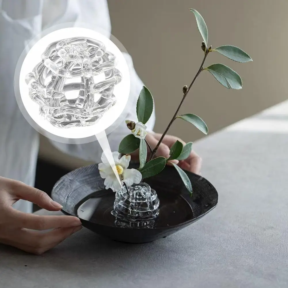 Japanese Zen Glass Flower Frog Hand Blown Clear Floral Fixer Minimalist Single Stem Vase Holder Tabletop Tea Ceremony Decor