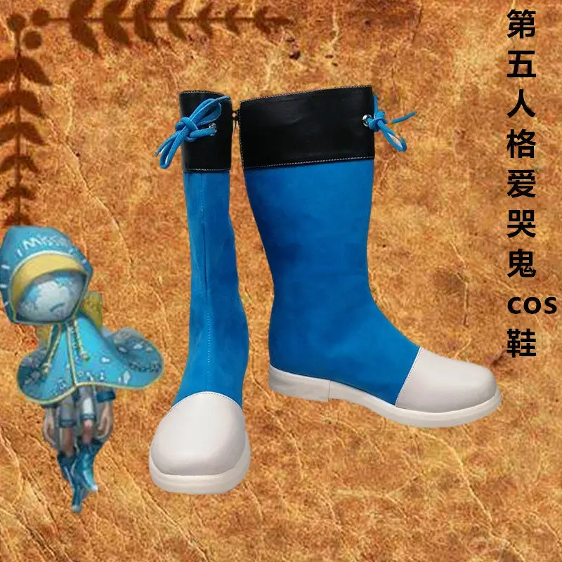 Anime Identity V‌ Robbie White Cosplay Shoes Blue Medium-Long PU Leather Boots For Halloween Carnival