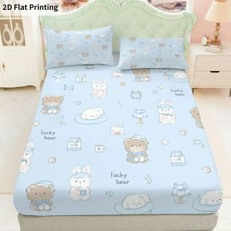 3Pcs Bearpatternblue Fitted Sheet Three Piece Set (1*Fitted Sheet + 2*Pillowcases, Coreless), Bedding Set