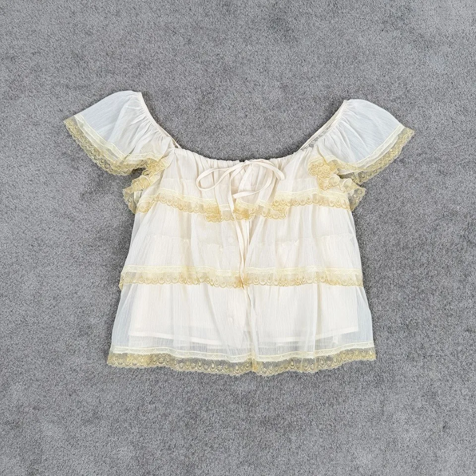 2026 Lace Trimmed Mesh Camisole Top - Tiered Ruffle Design with Adjustable Tie Front in Cream & Navy for Romantic Summer Style