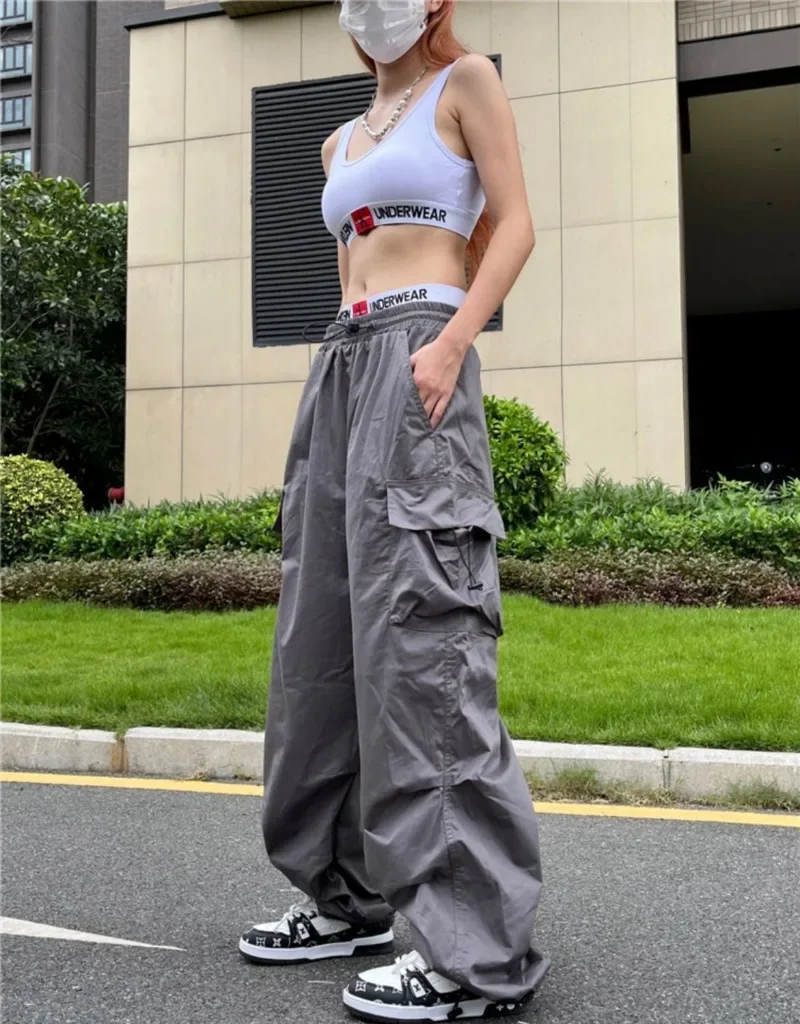 

Korean New Parachute Black Pants Women Streetwear Oversize Pockets Cargo Trousers Harajuku Wide Leg Baggy Sweatpants Y2k