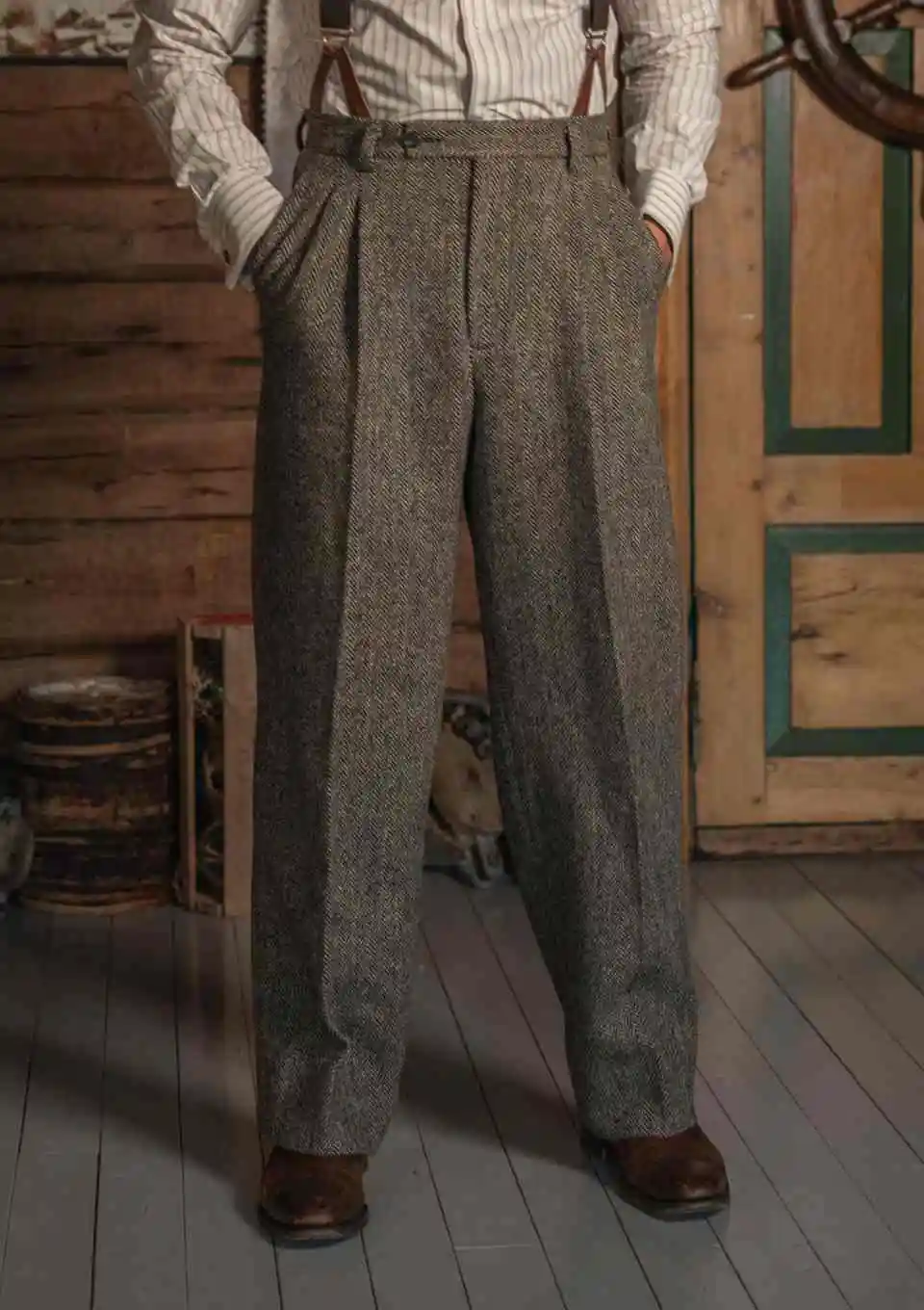 Vintage Herringbone Mens Dress Pants Raised Waist Front Pleat Tweed Relaxed Cut Casual Bottoms For Daily Office Event Customized
