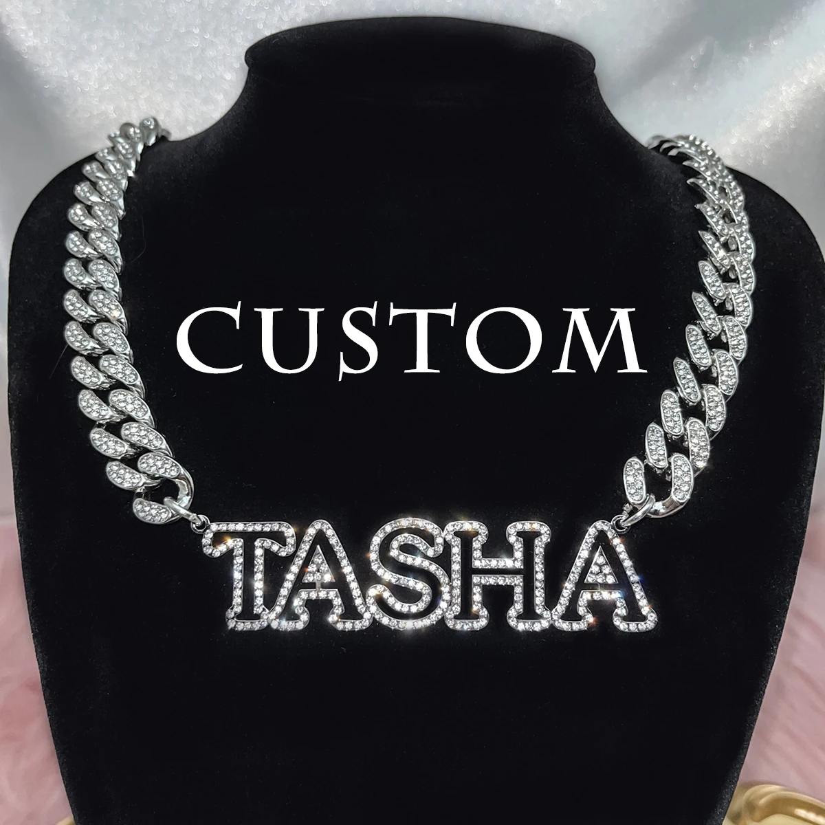 Custom Bling Name Necklace Zircon Name Necklace 12mm Miami Cuban Link Choker 3D Hollow Name Pendant Men Necklace Father Day gift