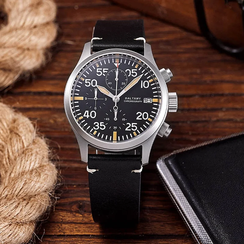 

Baltany Military Quartz Watches S5045 Calendar Polished Hands Luminous Leather 10ATM Stainless Steel Chronograph Wristwatches