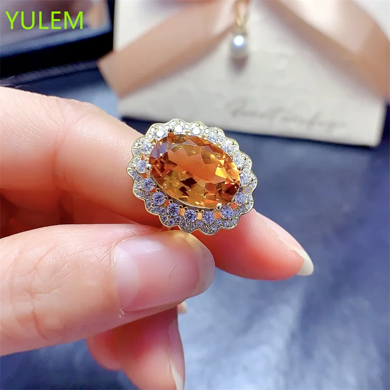 

YULEM 100% Natural Citrine Ring for Wedding 12x16mm Big Size Natural Citrine Silver Ring 925 Silver Jewelry