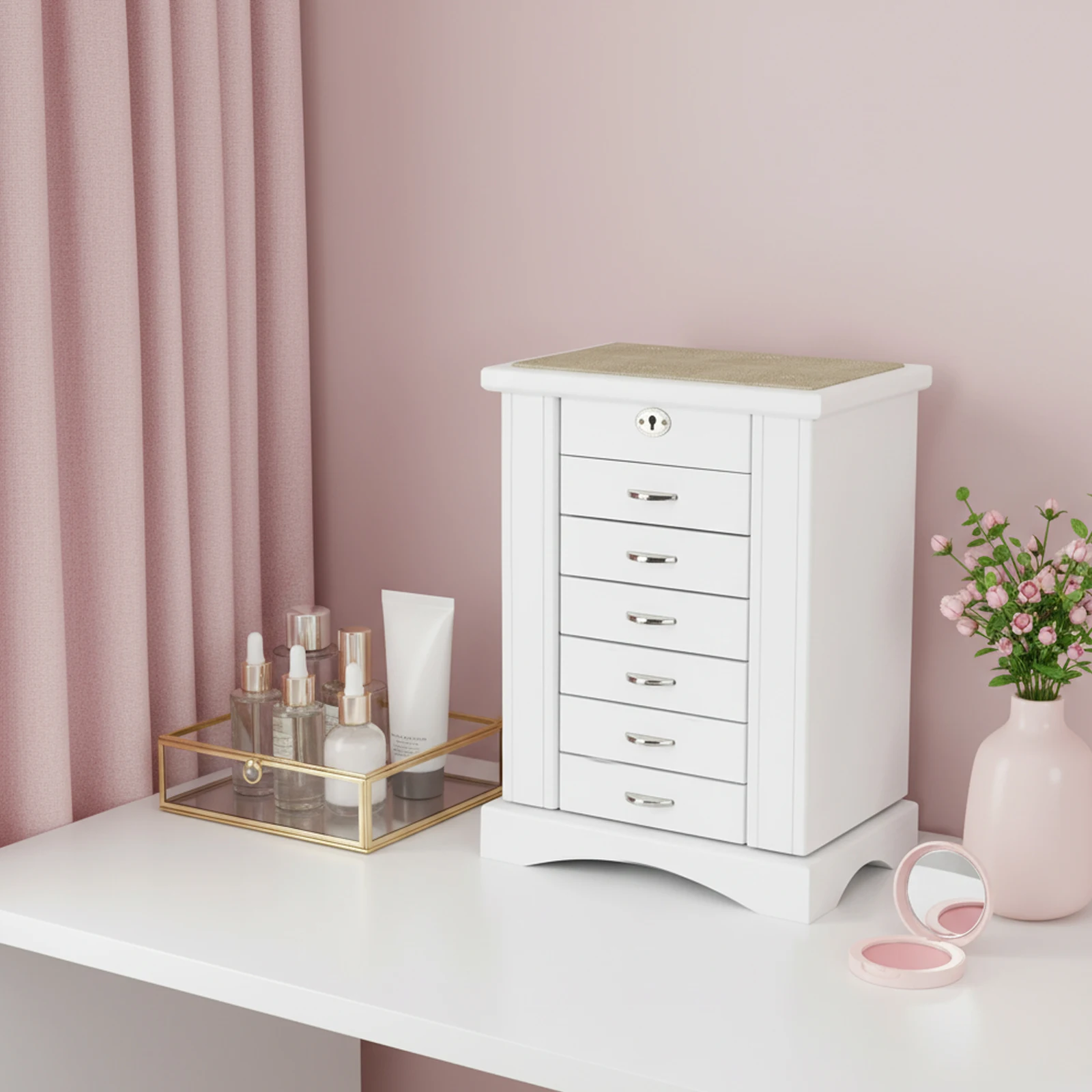 Large Capacity 7-Layer Jewelry Organizer MDF Flocking Lining Necklace Hooks For Earrings Rings Watches Valentine’s Day Gift