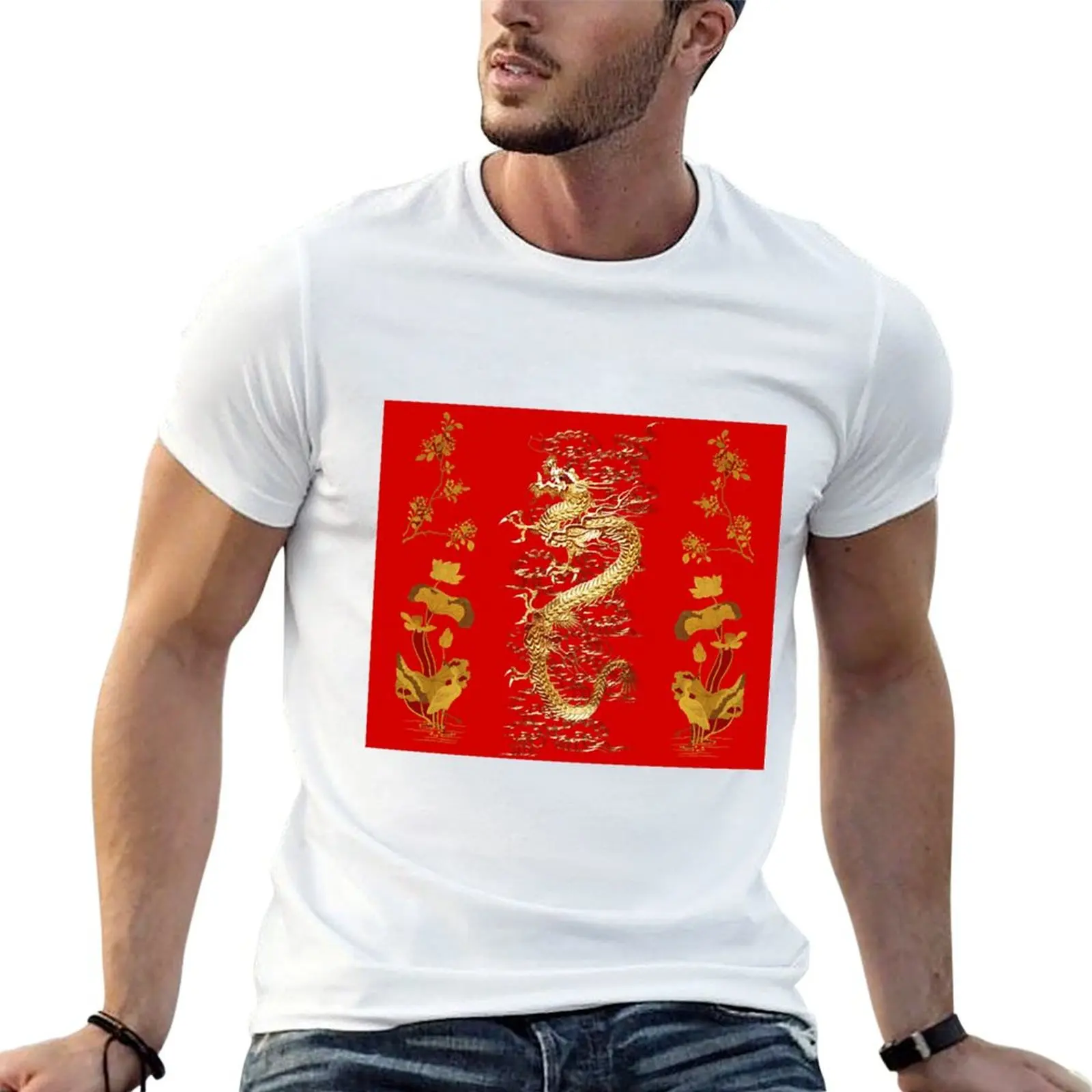 GOLD DRAGON IN RED,Egret,Lotus,Green Gold Floral T-Shirt aesthetic clothes essential t shirt men clothings