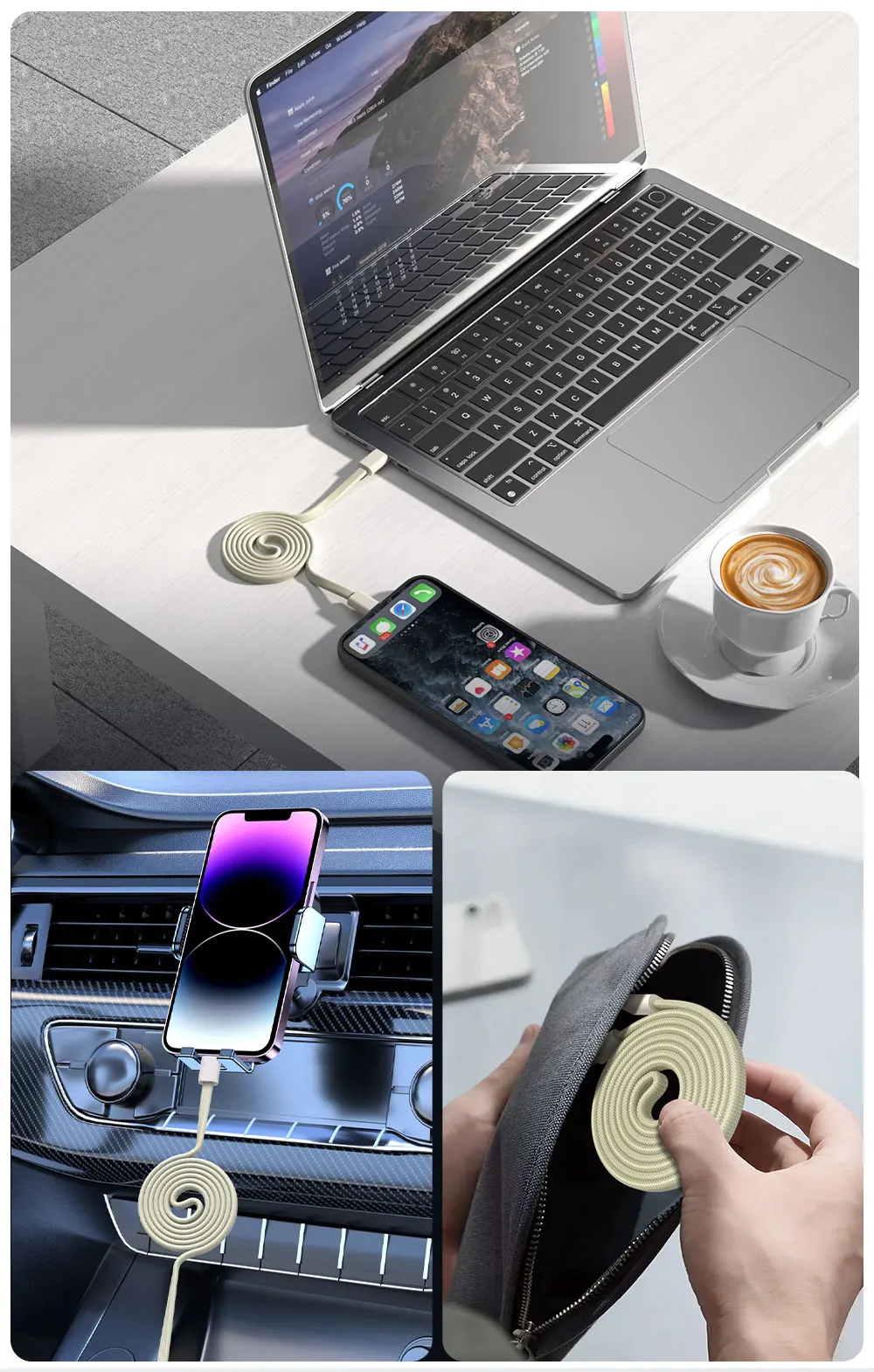 PD 100W USB-C zu Typ-C Schnellladekabel mit magnetischer Befestigung, verwicklungssicher, 480Mbps Datenübertragung, flaches Kabel für iPhone 15 16 17 Mac – Detail 6