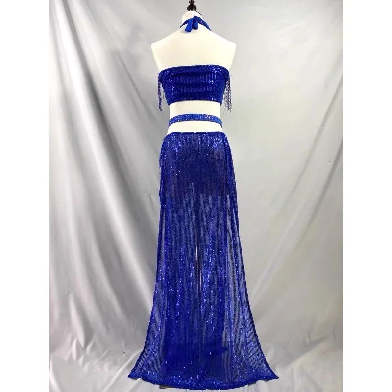 تخصيص الرقص الشرقي الياقوت الأزرق هامش صغير الترتر تنورة طويلة مجموعة الرقص الشرقي معلقة الرقبة كامل الماس حورية البحر زي