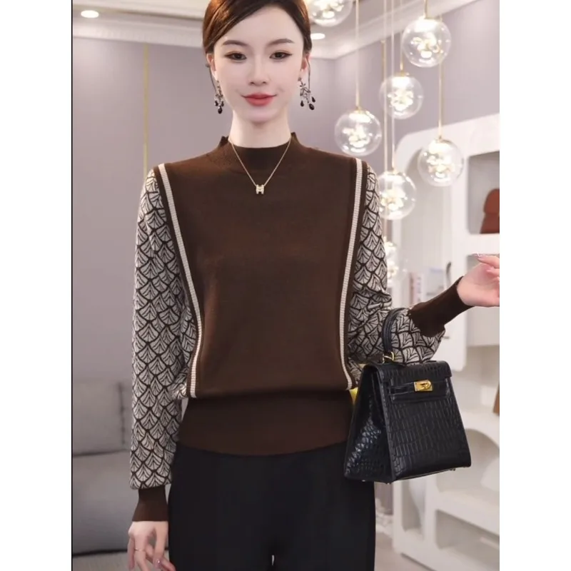 

Fake Two-piece Jacquard Half-turtleneck Sweater Knitted Sweater Autumn and Winter New Style Casual and Versatile Elegant Ladies